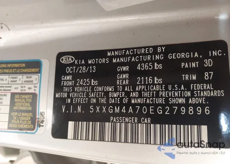 2014 Kia Optima Lx z USA, uszkodzony, nr VIN 5XXGM4A70EG279896